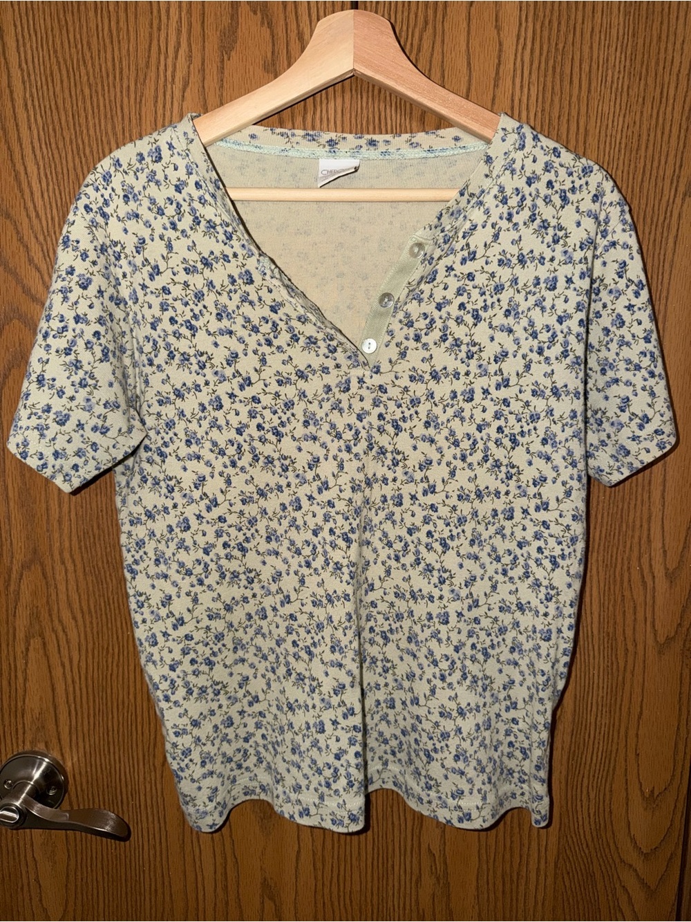 Cherokee Cream Henley Top with Blue Floral Print